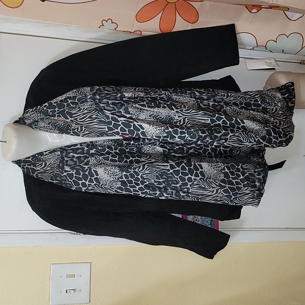 Chi by Falchi leather jacket Women's L black animal print attached scarf vtg B5
